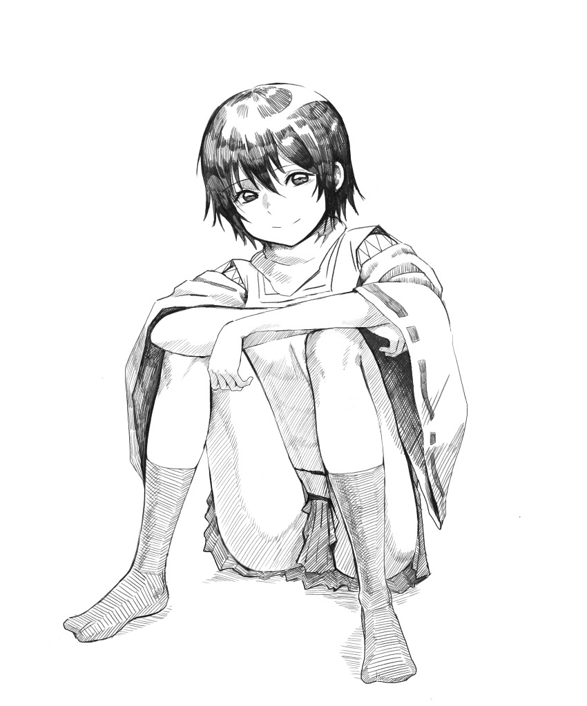 1girl absurdres closed_mouth convenient_skirt eyelashes full_body greyscale hair_between_eyes highres hugging_own_legs keikain_yura knees_up laidentt looking_at_viewer monochrome nurarihyon_no_mago ribbon-trimmed_sleeves ribbon_trim short_hair sitting smile socks solo wide_sleeves