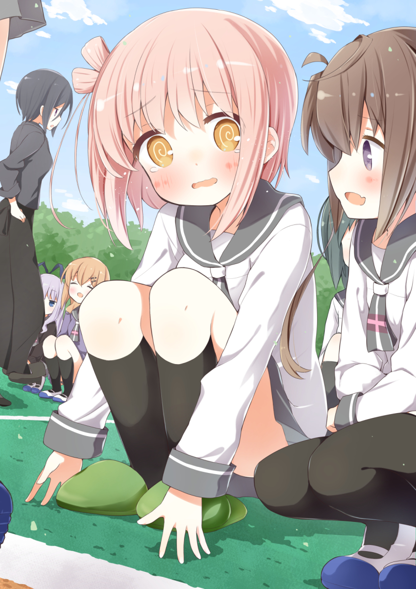 5girls @_@ ahoge black_hair black_skirt black_socks black_sweater black_thighhighs blue_eyes blue_ribbon blush brown_eyes closed_eyes enami_kiyose green_footwear grey_neckerchief grey_sailor_collar grey_skirt hair_ribbon highres ichinose_hana ichiyo12 kneehighs long_skirt long_sleeves medium_hair momochi_tamate multiple_girls neckerchief orange_hair pink_hair pleated_skirt purple_eyes purple_sweater ribbon sailor_collar school_uniform sengoku_kamuri serafuku shoes short_hair sidelocks skirt slippers slow_start socks squatting sweater tearing_up thighhighs tokura_eiko uwabaki wavy_mouth white_serafuku yellow_eyes