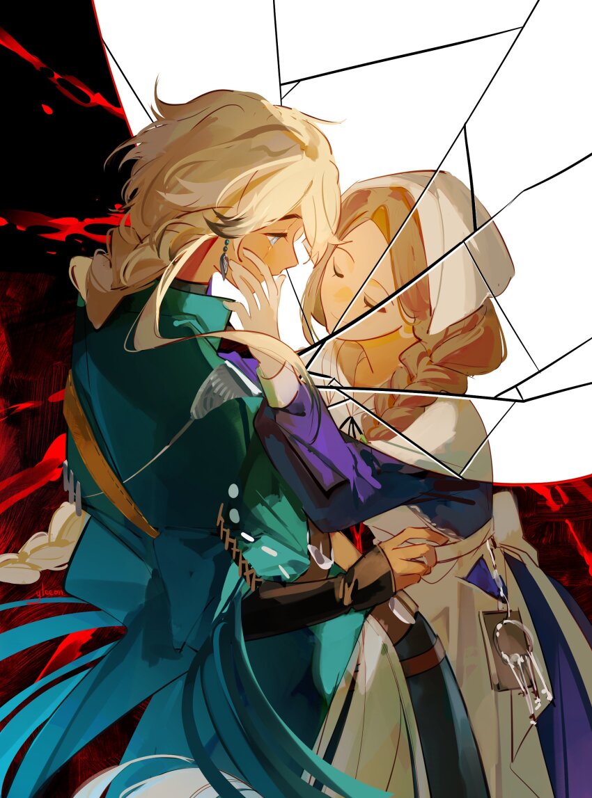 3girls absurdres apron aqua_cape argus_(reverse:1999) blonde_hair braid broken_mirror cape closed_eyes different_reflection dress earrings from_side full_body grey_eyes hand_on_another&#039;s_cheek hand_on_another&#039;s_face headscarf highres jewelry kayla_(reverse:1999) key long_braid long_hair long_sleeves looking_at_mirror mirror multiple_girls profile purple_dress red_background reflection reverse:1999 scar scar_across_eye scar_on_face single_braid smile tuesday_(reverse:1999) white_apron ylceon