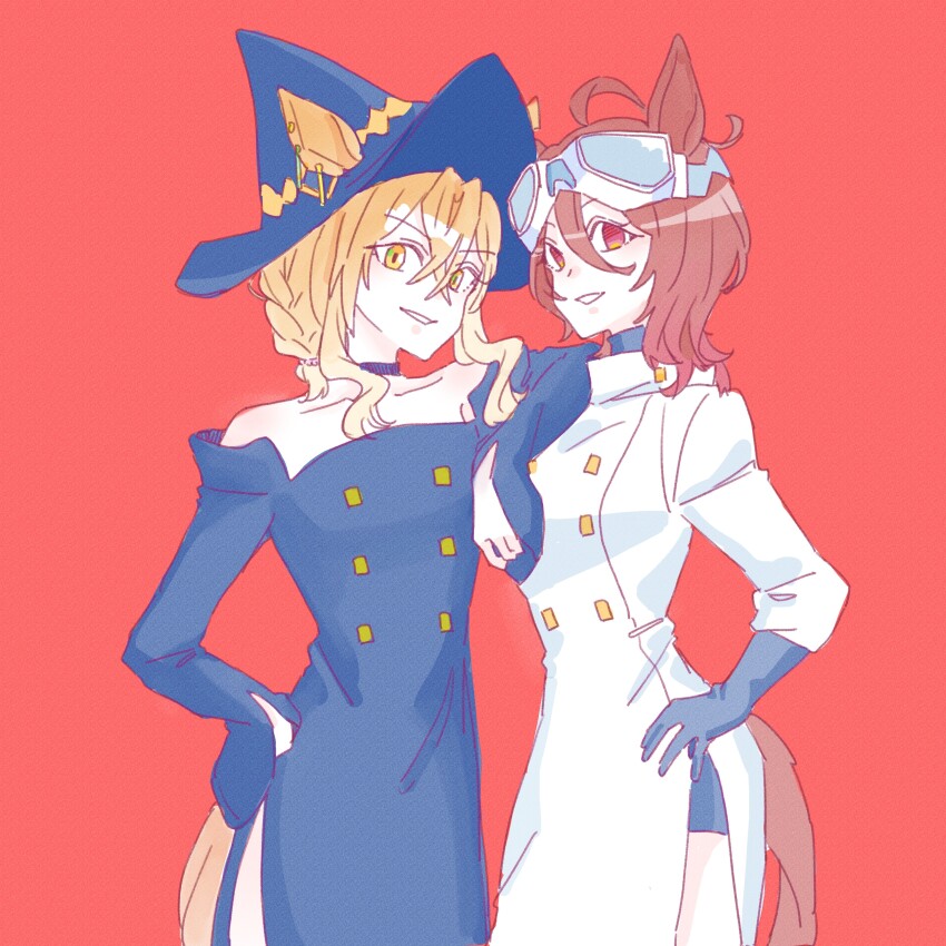 2girls absurdres agnes_tachyon_(umamusume) ahoge animal_ears black_dress black_gloves black_hat brown_hair buttons closed_lab_coat double-breasted dress gloves goggles goggles_on_head hair_between_eyes hand_on_own_hip hat highres horse_ears horse_girl horse_tail jungle_pocket_(umamusume) lab_coat long_sleeves multiple_girls off-shoulder_dress off_shoulder orange_eyes red_background red_eyes seila_rei simple_background sleeves_past_fingers sleeves_past_wrists smile tail umamusume white_background witch_hat