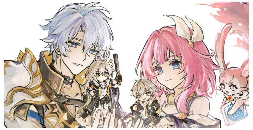 2boys 2girls ahoge akiko54124 baseball_bat black_coat black_jacket black_pants black_skirt blue_eyes book caelus_(honkai:_star_rail) chinese_commentary coat commentary_request cyrene_(honkai:_star_rail) grey_hair hair_ornament highres holding holding_baseball_bat holding_book honkai:_star_rail honkai_(series) jacket medium_hair mem_(honkai:_star_rail) multicolored_hair multiple_boys multiple_girls pants phainon_(honkai:_star_rail) pink_fur pink_hair shirt short_hair skirt star-shaped_pupils star_(symbol) stelle_(honkai:_star_rail) symbol-shaped_pupils trailblazer_(honkai:_star_rail) two-tone_hair white_hair white_shirt yellow_eyes