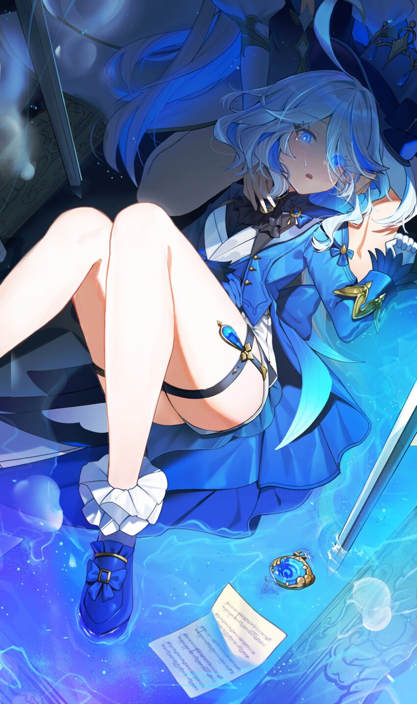 2girls ahoge blue_eyes blue_hair coattails colored_inner_hair crying eyes_visible_through_hair furina_(genshin_impact) genshin_impact gloves hat highres huge_ahoge looking_at_viewer medium_hair multicolored_hair multiple_girls parayang partially_submerged sidelocks thigh_strap thighs vision_(genshin_impact) white_gloves white_hair