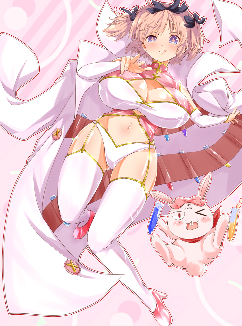 +_+ 1girl :q absurdres animal_ears bare_shoulders blue_eyes blush body_blush bow breasts bridal_gauntlets buck_teeth buttons chemicals cleavage cleavage_cutout clothing_cutout commission cosplay detached_sleeves flower-shaped_pupils gluteal_fold groin hair_bow haruka_(senran_kagura) haruka_(senran_kagura)_(cosplay) hibari_(senran_kagura) high_heels highres holding holding_test_tube huge_breasts lab_coat linea_alba looking_at_viewer navel ninto_(senran_kagura) one_eye_closed open_mouth panties pink_background pink_bow pink_garter_belt pink_hair pink_pupils pink_shoes pixiv_commission rabbit rabbit_ears rabbit_tail ryou.r senran_kagura senran_kagura_shoujo-tachi_no_shin&#039;ei shiny_skin shoes short_hair short_twintails skindentation smile smirk solo striped_background symbol-shaped_pupils tail teeth test_tube thighhighs tongue tongue_out twintails underwear white_bridal_gauntlets white_panties white_thighhighs yellow_garter_straps