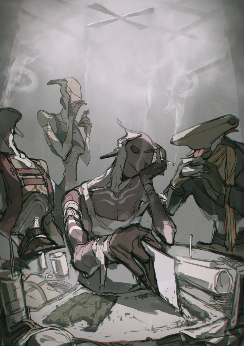 4boys arthropod_boy between_fingers card cigarette collarbone drugs elbow_rest highres hiver_(kenshi) holding holding_cigarette juerucj kenshi licking multiple_boys narrow_waist smoke smoking tank_top vest