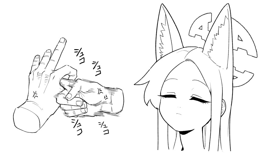 1boy 1girl anger_vein animal_ear_fluff animal_ears asahina_yoshitoshi blue_archive closed_eyes closed_mouth disembodied_hand extra_ears fox_ears greyscale halo highres long_hair monochrome penetration_gesture seia_(blue_archive) simple_background solo_focus white_background