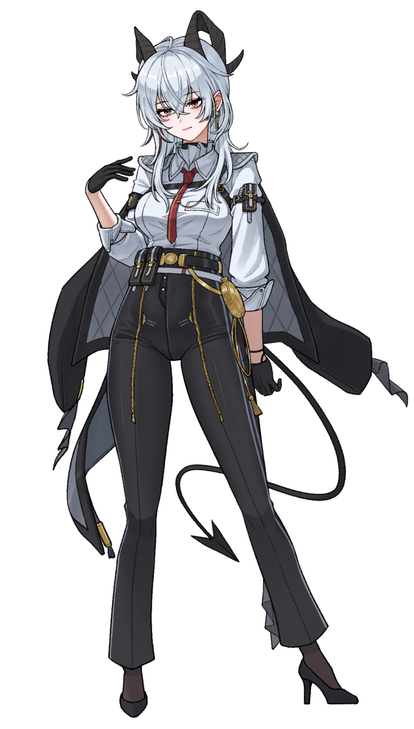 1girl arm_pouch black_choker black_gloves black_horns black_jacket black_pants black_pouch black_shoes black_tail breasts chest_harness choker closed_mouth collared_shirt commentary curled_horns demon_tail earrings gloves hair_between_eyes hand_up harness high-waist_pants high_heels highres horns jacket jacket_on_shoulders jewelry key_earrings large_breasts long_hair looking_at_viewer moongom necktie pants red_eyes red_necktie shirt shirt_tucked_in shoes simple_background solo tail tight_clothes tight_pants white_background white_shirt wuthering_waves zani_(wuthering_waves)