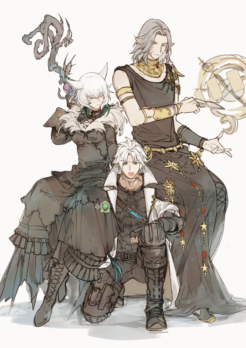 1girl 2boys animal_ears arm_rest armlet astrologian_(final_fantasy) black_choker black_dress black_footwear black_gloves black_robe boots bracelet card cat_ears choker closed_eyes coat collar cross-laced_footwear dress elezen elf facial_mark feather_hair_ornament feathers final_fantasy final_fantasy_xiv fingerless_gloves floating floating_object floating_weapon full_body fur-trimmed_dress fur_trim gloves grey_eyes grey_hair hair_ornament highres holding holding_card hyur jewelry knee_boots knee_pads looking_at_viewer metal_collar miqo&#039;te multiple_boys on_one_knee on_shoulder open_mouth pointy_ears poooto10 ring robe short_hair shoulder_belt simple_background sitting sitting_on_person sitting_on_shoulder smile staff thancred_waters urianger_augurelt weapon weapon_on_back white_background white_choker white_coat white_hair y&#039;shtola_rhul yellow_eyes