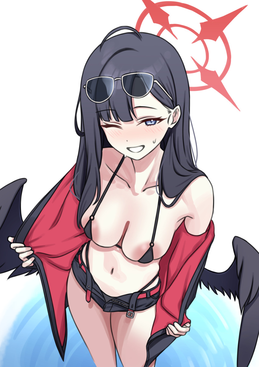 1girl absurdres afro_(afrodite_ja) ahoge areola_slip bikini black_bikini black_hair black_jacket black_shorts blue_archive blue_eyes breasts collarbone commentary_request feet_out_of_frame from_above halo highleg highleg_bikini highres ichika_(blue_archive) ichika_(swimsuit)_(blue_archive) jacket large_areolae long_hair looking_at_viewer low_wings medium_breasts micro_bikini navel official_alternate_costume one_eye_closed open_clothes open_jacket open_mouth red_halo red_jacket revealing_clothes short_shorts shorts smile solo standing stomach string_bikini sweat swimsuit teeth thighs two-sided_fabric two-sided_jacket white_background wings