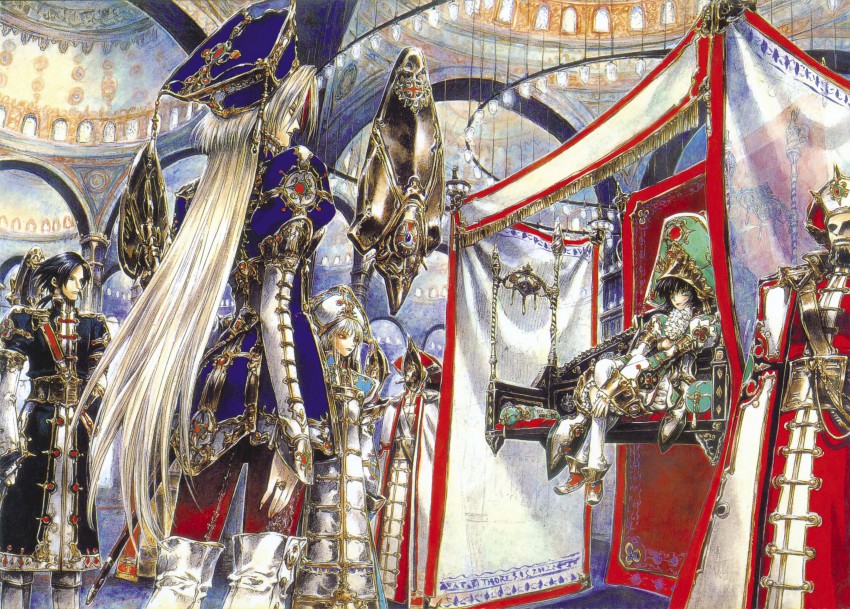 00s 3boys 3girls arch armor armored_boots astharoshe_asran baibars baibars_(trinity_blood) beard black_hair boots building expressionless facial_hair from_behind green_eyes hat highres indoors ion_fortuna jewelry lips long_hair long_sleeves multiple_boys multiple_girls official_art outdoors pillar puffy_long_sleeves puffy_sleeves radu_barvon ring scan seth_nightroad shibamoto_thores shield silver_hair sitting standing tabard tassel trinity_blood very_long_hair