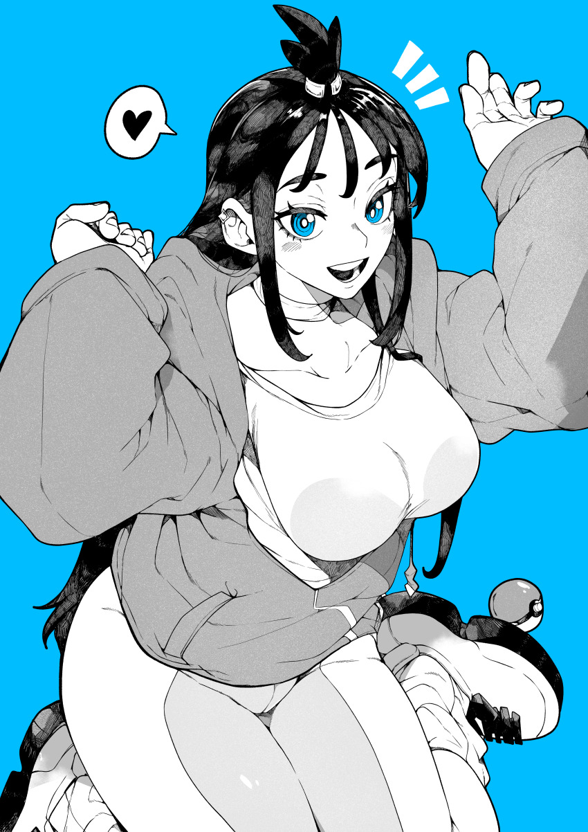 1girl :d absurdres blue_background blue_eyes blush breasts collarbone commentary_request greyscale_with_colored_background heart highres jacket large_breasts lida_(pokemon) long_sleeves looking_at_viewer monochrome nintendo open_mouth pants pokemon pokemon_legends:_z-a shoes simple_background sitting smile solo spoken_heart yotsumi_shiro