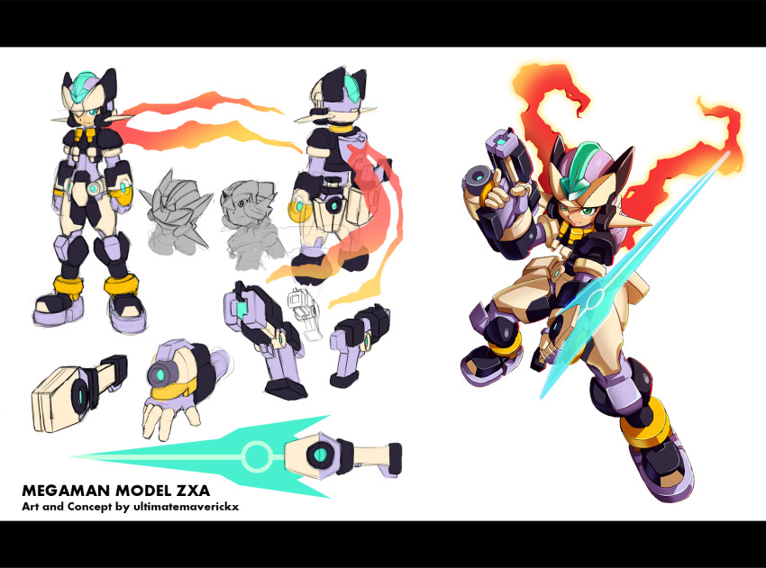 1boy arm_cannon armor beam_gun biometal black_bodysuit black_helmet bodysuit bodysuit_under_clothes cropped_jacket crotch_plate energy_blade energy_sword gloves green_eyes gun helmet highres holding holding_gun holding_sword holding_weapon jacket looking_at_viewer mega_man_(series) mega_man_zx mega_man_zx_advent model_a_(mega_man) model_x_(mega_man) model_z_(mega_man) model_zx_(mega_man) power_armor robot_ears scarf short_sleeves shorts spandex sword ultimatemaverickx vent_(mega_man) weapon white_helmet z_saber