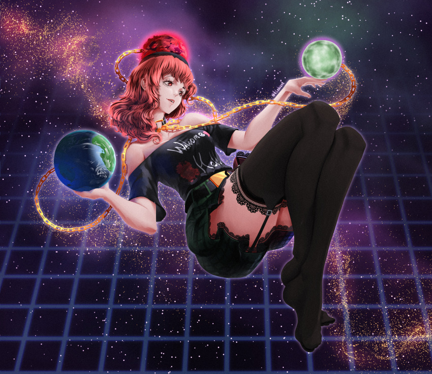 1girl absurdres belt black_shirt black_thighhighs chain clothes_writing earth_(ornament) feet garter_straps grid hecatia_lapislazuli highres klabisot lace lace-trimmed_thighhighs lace_trim legs moon_(ornament) multicolored_skirt no_shoes off-shoulder_shirt off_shoulder open_mouth plaid_clothes plaid_skirt red_eyes red_hair shirt skirt solo space thighhighs toes touhou