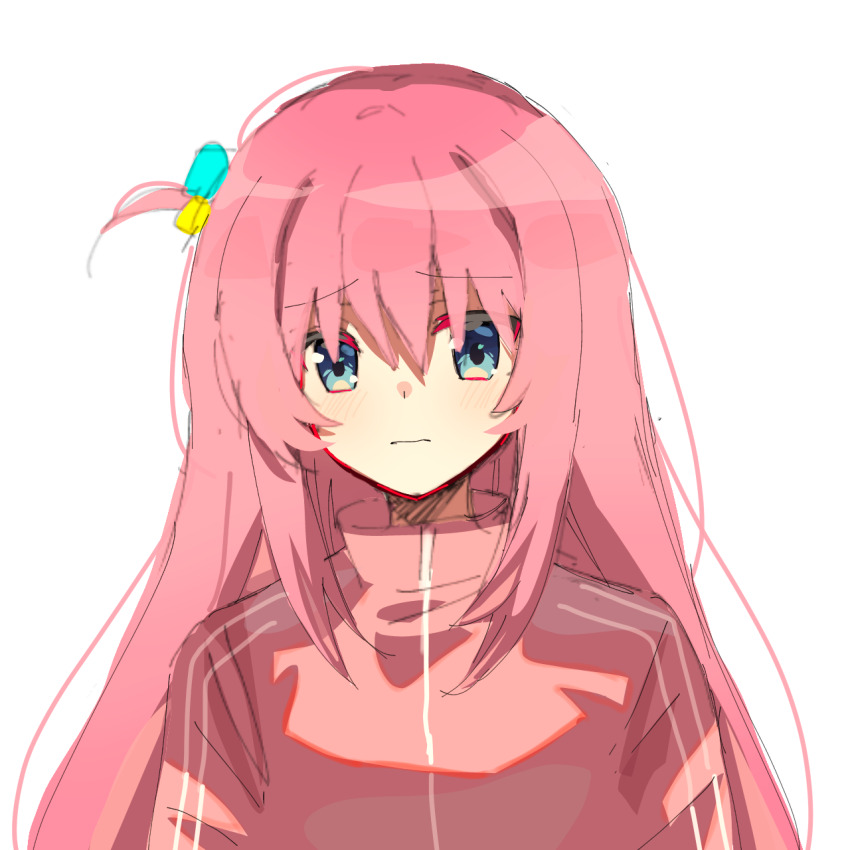 1girl blue_eyes bocchi_the_rock! chinese_commentary closed_mouth commentary_request gotoh_hitori highres huangdouliuhan jacket long_bangs long_hair looking_at_viewer nervous pink_hair pink_jacket portrait simple_background solo track_jacket white_background