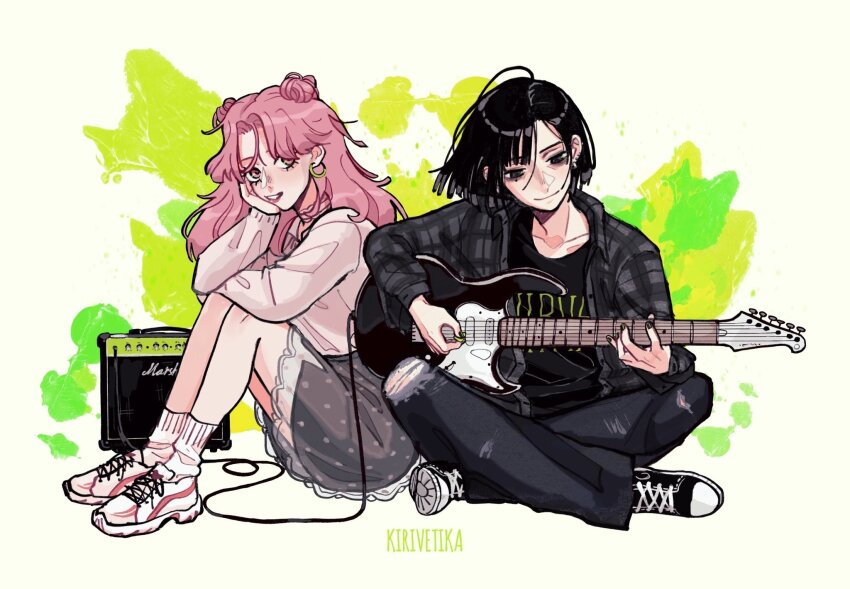 2girls amplifier artist_name audio_cable band_shirt black_eyes black_hair black_pants black_shirt black_skirt cable choker collarbone collared_shirt commentary double_bun dress_shirt earrings electric_guitar full_body grey_shirt grey_skirt guitar hair_bun hand_on_own_cheek hand_on_own_face head_rest highres holding holding_guitar holding_instrument holding_plectrum hoop_earrings indian_style instrument jewelry kininatteru_hito_ga_otoko_ja_nakatta kirivetika knees_up koga_mitsuki layered_skirt long_hair marshall_amplification merchandise mole mole_under_eye multiple_girls nirvana_(band) oosawa_aya pants parted_bangs pink_choker pink_eyes pink_hair plaid_clothes plaid_shirt playing_guitar playing_instrument plectrum see-through_skirt_layer shirt shoes short_hair sitting skirt smile sneakers socks sweater tomboy torn_clothes torn_pants white_footwear white_socks white_sweater