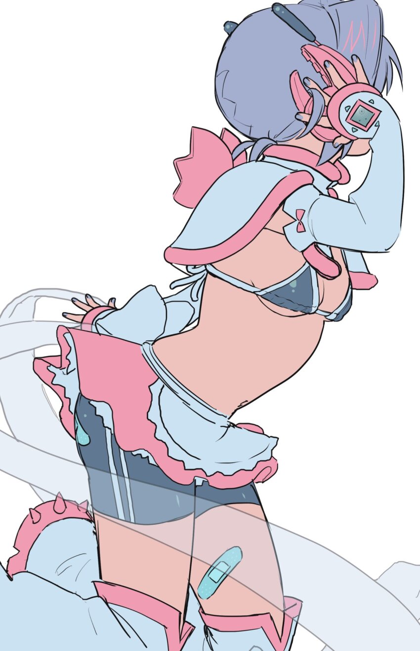 1girl apron back_bow bandaid bandaid_on_leg bike_shorts bike_shorts_under_skirt bikini bikini_top_only boots bow breasts capelet detached_sleeves from_side grey_hair hair_intakes headphones highres micro_bikini miniskirt nail_polish navel original pink_skirt sasamigumi short_hair simple_background sketch skirt small_breasts solo swimsuit thigh_boots two_side_up waist_apron white_background white_boots white_capelet