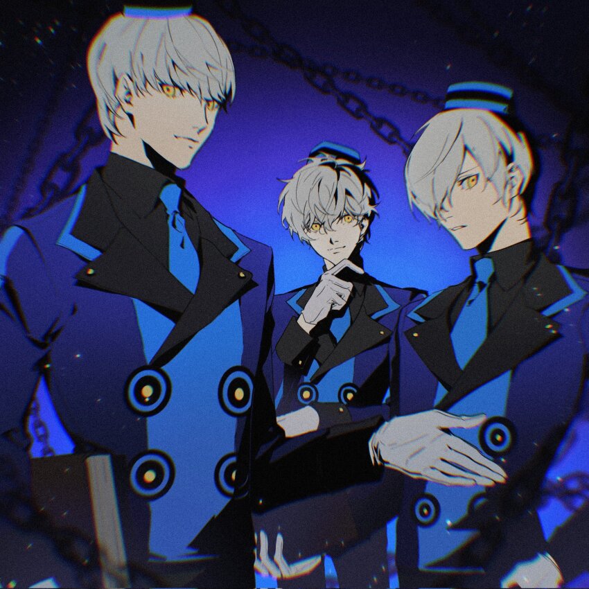 3boys amamiya_ren black_shirt blue_background blue_hat blue_jacket blue_necktie book chain dark_background gloves grey_hair hair_over_one_eye hat highres holding holding_book jacket lluyss long_sleeves looking_at_viewer messy_hair multiple_boys narukami_yu necktie persona persona_3 persona_4 persona_5 shirt velvet_room white_gloves yellow_eyes yuuki_makoto_(persona_3)