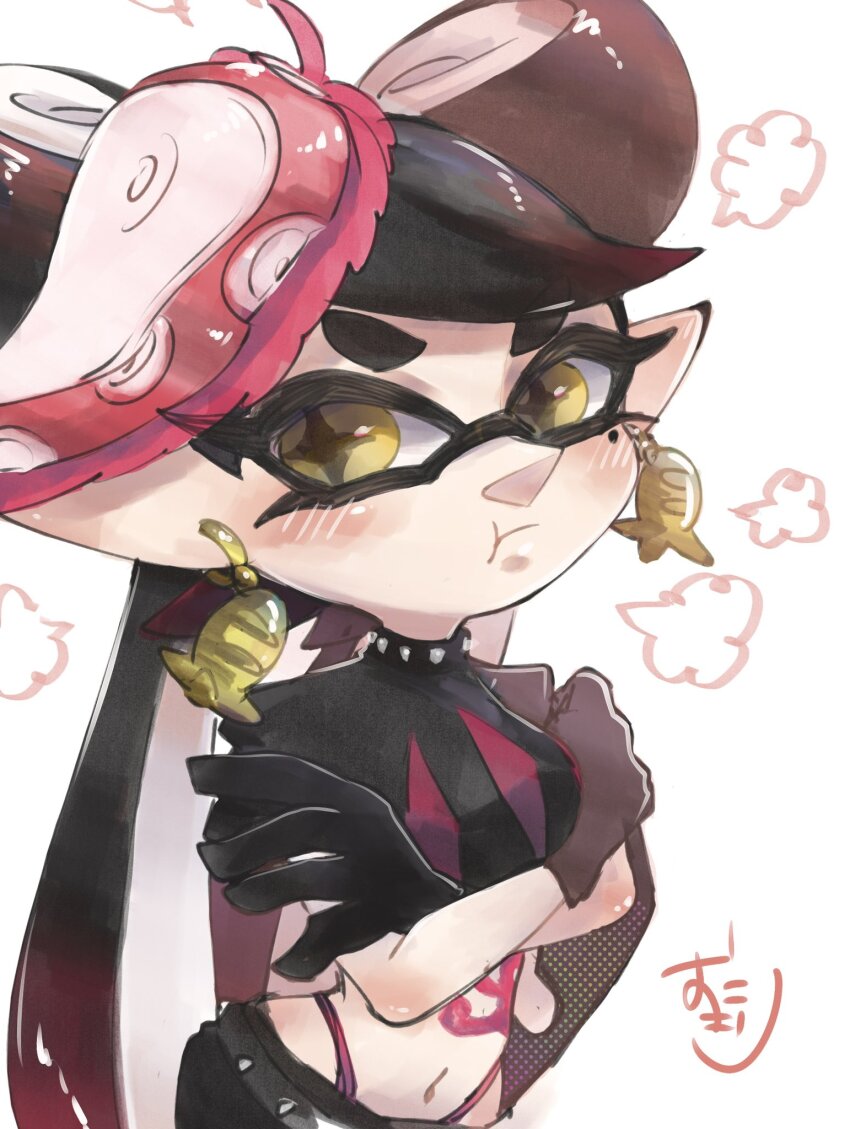 belt black_gloves black_hair black_shirt black_shorts bow bow-shaped_hair callie_(octo_idol_outfit)_(splatoon) callie_(splatoon) closed_mouth collar cowlick crop_top crossed_arms dark_yellow_pupils earrings eye_mask eyelashes fish_(food) food food_on_head gloves gold_earrings gradient_hair hat highres jewelry long_hair long_pointy_ears looking_at_viewer midriff mole mole_under_eye multicolored_hair navel nintendo object_on_head octopus_hair_ornament octopus_sashimi octopus_sausage_earrings octopus_tattoo official_alternate_costume padded_shoulders pale_skin panties panty_straps pink_hat pink_leaf pink_panties pink_shiso_leaf pink_tattoo pointy_ears pout puffy_short_sleeves puffy_sleeves sashimi shirt short_eyebrows short_shorts short_sleeves shorts spiked_collar spiked_waistband spikes splatoon_(series) splatoon_2 star-shaped_pupils star_(symbol) stomach_tattoo studded_belt studded_collar suction_cups swept_bangs symbol-shaped_pupils tattoo tentacle_hair thick_eyebrows twintails underwear very_long_hair yellow_eyes