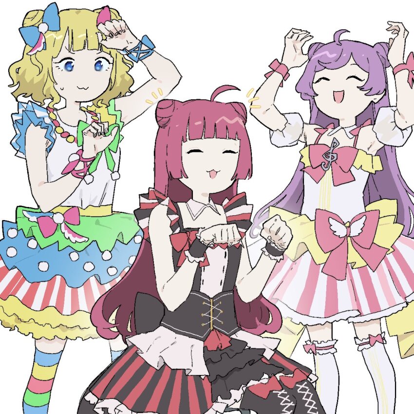 3girls :3 :d ahoge alternate_hairstyle arm_up arms_up black_dress blonde_hair blue_bow blue_eyes blunt_bangs bow closed_eyes coattails collar commentary_request cone_hair_bun corset curly_hair detached_collar detached_sleeves double_bun dress facing_viewer frilled_dress frilled_skirt frilled_thighhighs frills hair_bow hair_bun hand_up highres hojo_sophy idol_clothes kemura_(puripurinea) layered_skirt light_purple_hair long_hair manaka_laala matching_hairstyle minami_mirei multicolored_dress multiple_girls notice_lines open_mouth paw_pose pink_bow pretty_series pripara puffy_detached_sleeves puffy_sleeves red_bow red_hair short_dress short_hair simple_background skirt sleeveless sleeveless_dress smile striped_clothes striped_thighhighs sweatdrop thighhighs treble_clef very_long_hair waist_bow white_background white_collar white_sleeves white_thighhighs wrist_cuffs