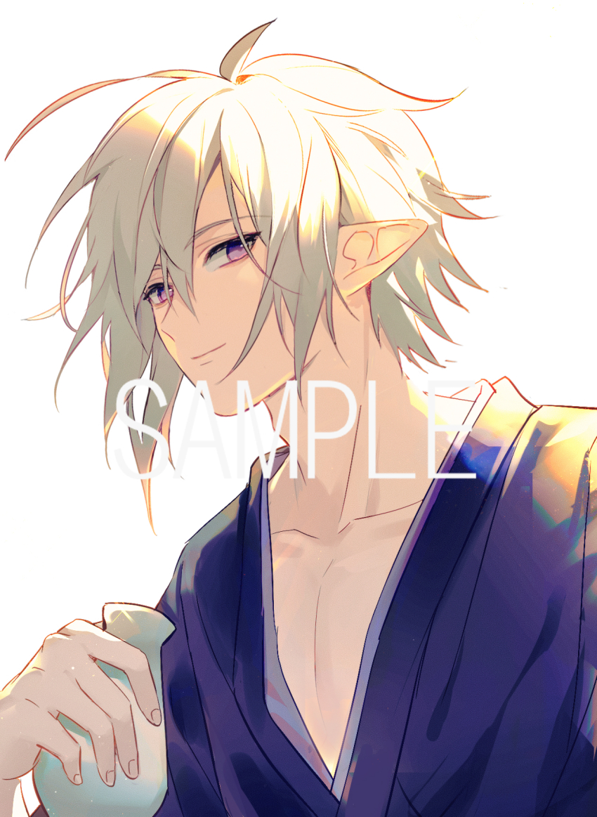 1boy ahoge alternate_costume aotu_world blue_kimono bottle closed_mouth collarbone cup grey_(aotu_world) grey_hair hair_between_eyes highres holding holding_bottle holding_cup japanese_clothes kelme kimono looking_at_viewer male_focus pectorals pointy_ears purple_eyes sample_watermark short_hair simple_background smile solo upper_body watermark white_background white_hair