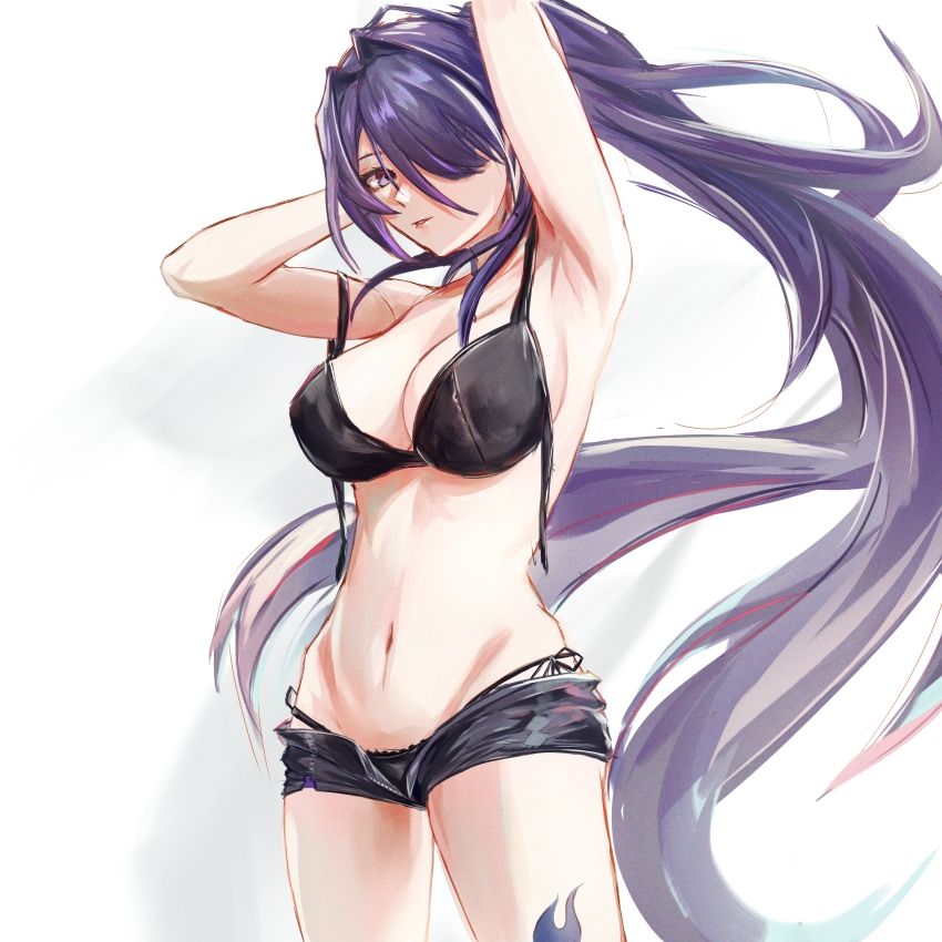 1girl absurdres acheron_(honkai:_star_rail) armpits arms_up black_bra black_panties black_shorts bra breasts commentary cowboy_shot highres honkai:_star_rail honkai_(series) large_breasts long_hair looking_at_viewer mikasciii navel open_bra open_fly panties ponytail purple_eyes purple_hair short_shorts shorts solo standing stomach thighs underwear very_long_hair