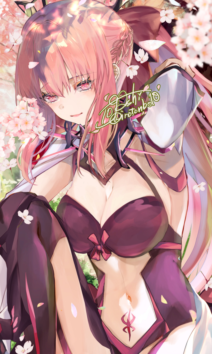 1girl arm_behind_head armpits arms_up bow braid breasts cherry_blossoms dress faerie_knights_(fate) falling_petals fate/grand_order fate_(series) flower hair_between_eyes hair_ornament hairclip half_up_braid hands_in_own_hair highres large_breasts long_hair morgan_le_fay_(fate) morgan_le_fay_(third_ascension)_(fate) navel nude original outdoors petals pink_bow pink_dress pink_eyes pink_flower pink_hair ponytail presenting_armpit smile solo spring_(season) stomach_tattoo tattoo thighs togashi_(choco-bakama_kitchen) tree two-tone_dress very_long_hair
