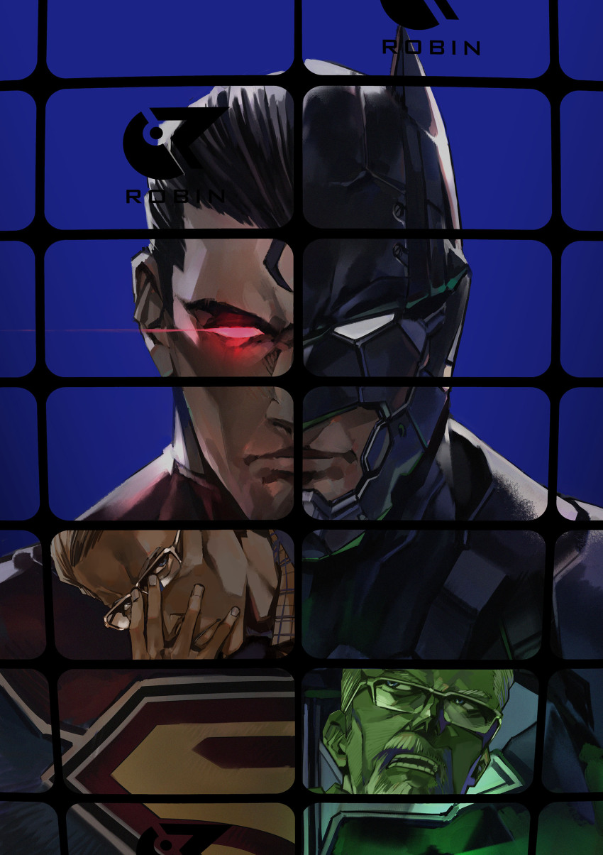 4boys absurdres adjusting_eyewear batman batman_(series) batman_justice_buster beard black_hair cover cover_page dc_comics facial_hair glasses glowing glowing_eye hair_slicked_back hand_on_eyewear highres looking_at_viewer looking_up male_focus manga_cover mask multiple_boys mustache official_art red_eyes shimizu_eiichi shimoguchi_tomohiro split_theme straight-on superhero_costume superman