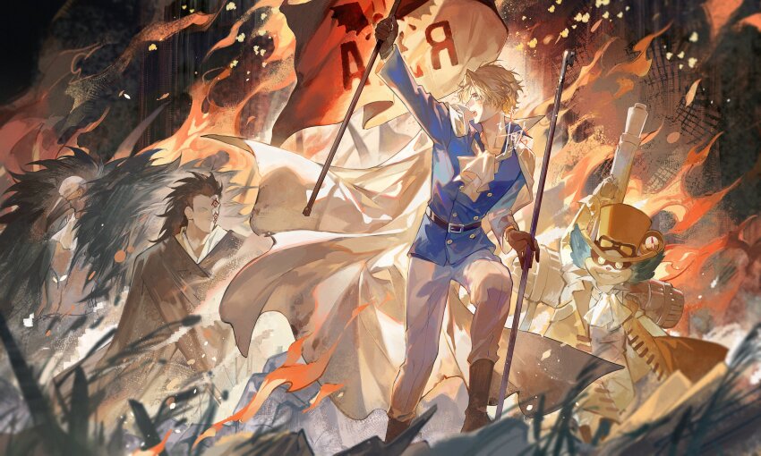 4boys absurdres ascot bald black_hair blonde_hair blue_hair blue_shirt boots coat facial_tattoo feather_cape fine_art_parody fire flag french_commentary gloves goggles goggles_on_headwear hat highres holding holding_flag karasu_(one_piece) liberty_leading_the_people lindbergh_(one_piece) long_hair male_focus mask monkey_d._dragon mouth_mask multiple_boys one_piece open_mouth pants parody sabo_(one_piece) shirt signature sqloveraven tattoo white_ascot white_pants