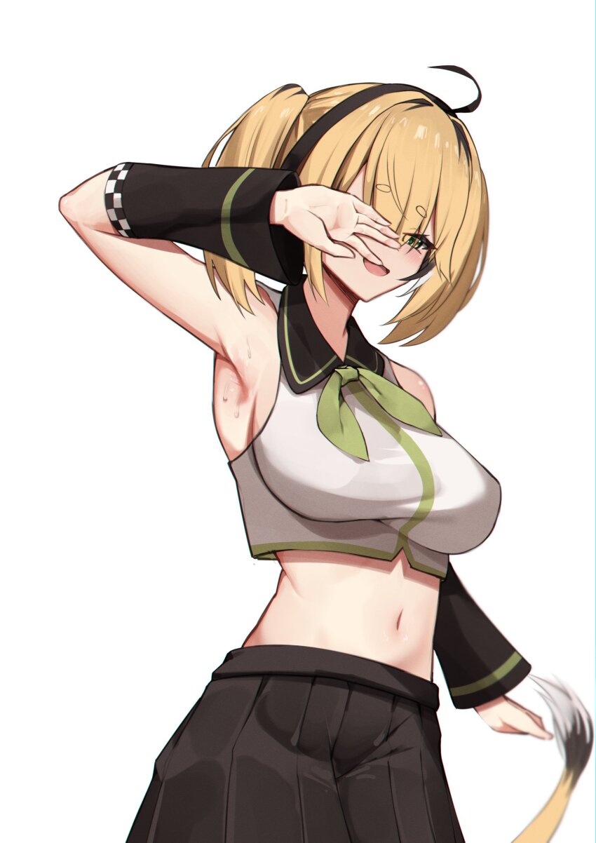 1girl absurdres armpits blonde_hair blush breasts commentary covering_one_eye crop_top dooby_(vtuber) english_commentary green_eyes hand_over_eye hand_up highres indie_virtual_youtuber jerboa_tail long_sleeves midriff navel open_mouth short_hair simple_background skaarl_(artist) smile solo sweat tail virtual_youtuber white_background