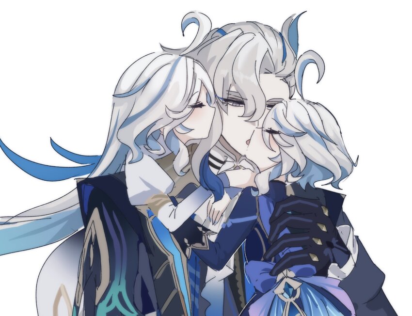 1boy 2girls arms_around_neck asymmetrical_bangs black_gloves blue_bow blue_hair blue_sleeves bow closed_eyes cowlick dress eyelashes focalors_(genshin_impact) formal_clothes french_kiss frilled_sleeves frills furina_(genshin_impact) genshin_impact gloves gradient_sleeves grey_eyes grey_hair hair_between_eyes hand_on_another&#039;s_back hand_on_another&#039;s_chest hetero highres hiji_(hijichan) hug hug_from_behind juliet_sleeves kiss lapels long_hair long_sleeves looking_at_another lowered_eyelids multicolored_hair multiple_girls neuvillette_(genshin_impact) ouji_fashion parted_bangs puffy_sleeves short_hair sidelocks size_difference sketch streaked_hair suit swept_bangs tongue white_background white_dress white_hair white_sleeves