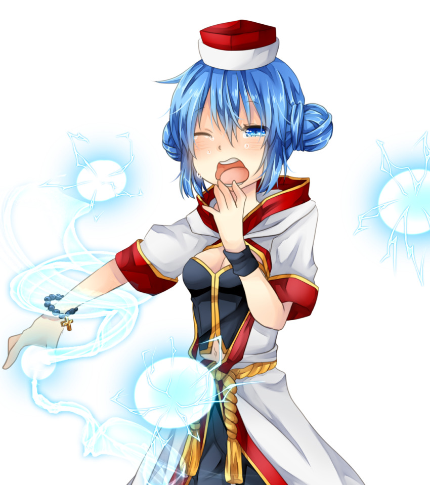 1girl biretta black_shirt black_shorts blue_eyes blue_hair blush breasts cleavage coat commentary_request cowboy_shot crying crying_with_eyes_open double_bun energy_ball hair_bun hat highres looking_at_viewer medium_breasts meiko_(nattu303) monk_(ragnarok_online) multicolored_coat navel one_eye_closed open_clothes open_coat open_mouth ragnarok_online red_coat red_hat rope_belt shirt short_hair short_sleeves shorts simple_background solo tears two-tone_coat white_background white_coat