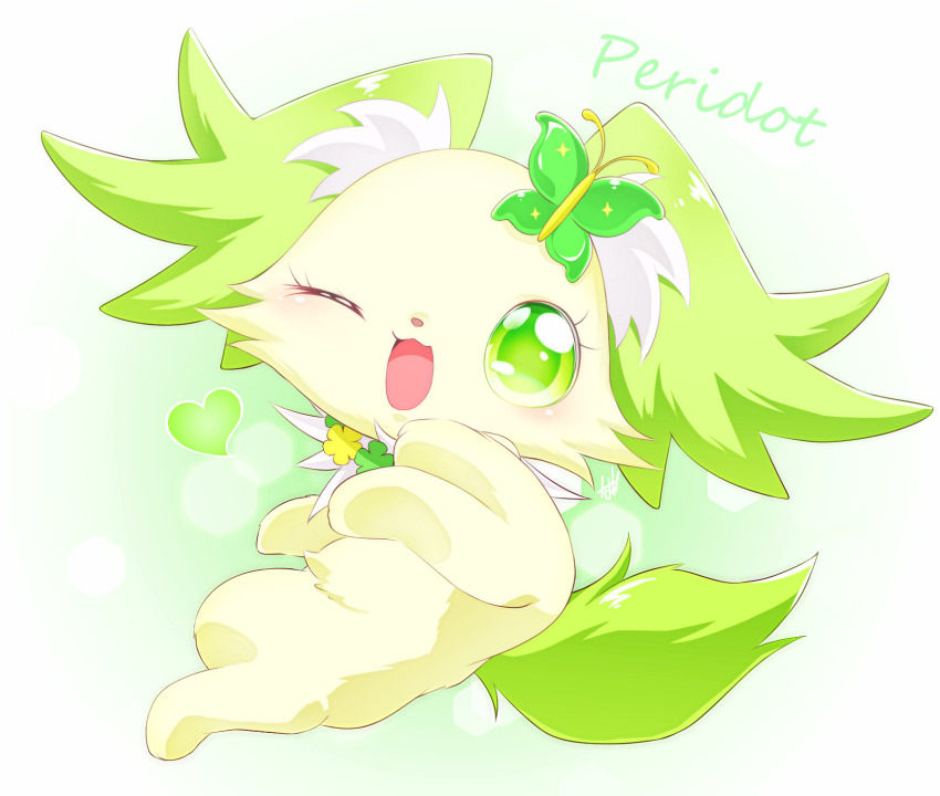 animal_focus animalization butterfly_hair_ornament character_name commentary_request creature creature_focus dog green_eyes green_theme hair_ornament heart highres jewelpet_(creature) jewelpet_(series) looking_at_viewer master_nabesama no_humans one_eye_closed open_mouth peridot_(jewelpet) simple_background smile solo white_background yellow_fur