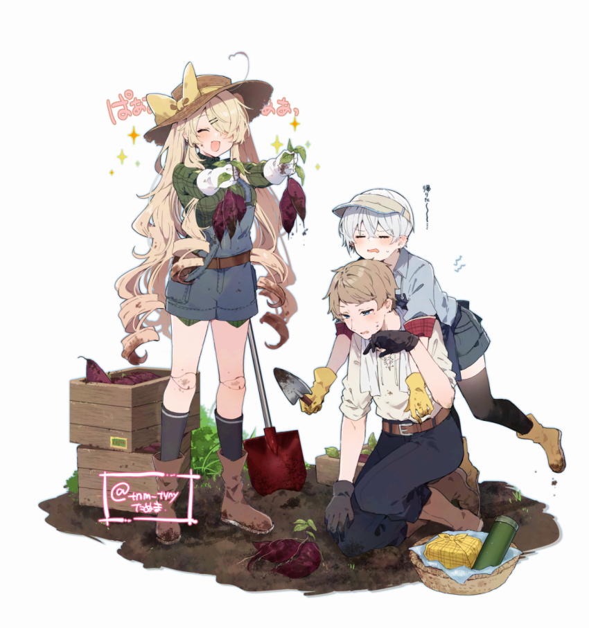 1girl 2boys :d =_= ^_^ astel_(ikeuchi_tanuma) basket black_socks black_thighhighs blonde_hair blue_eyes boots bow brown_hair closed_eyes collared_shirt crate doll_joints edel_(ikeuchi_tanuma) food furoshiki gardening gloves grass green_shirt hair_ornament hairclip hat hat_bow highres holding holding_food holding_vegetable ikeuchi_tanuma joints kneehighs long_sleeves mole mole_under_eye multiple_boys open_mouth original overall_shorts overalls pants rudy_(ikeuchi_tanuma) shirt shorts shovel signature sleeves_pushed_up sleeves_rolled_up small_sweatdrop smile socks soil sound_effects sun_hat thermos thighhighs twitter_username vegetable visor_cap wavy_mouth white_gloves white_hair white_shirt wrapped_bento yellow_bow