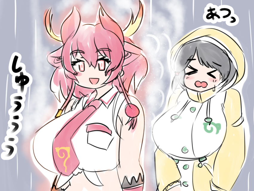 &gt;_&lt; 2girls animal_ears blush breasts captain_(kemono_friends) collared_shirt dragon_ears dragon_girl dragon_horns extra_ears gloves hair_between_eyes highres horns hot japari_symbol kemono_friends kemono_friends_3 large_breasts mo23 multicolored_horns multiple_girls necktie rain raincoat red_dragon_(kemono_friends) red_eyes red_hair shirt short_twintails smile steam steaming_body tied_shirt twintails yellow_horns yellow_raincoat
