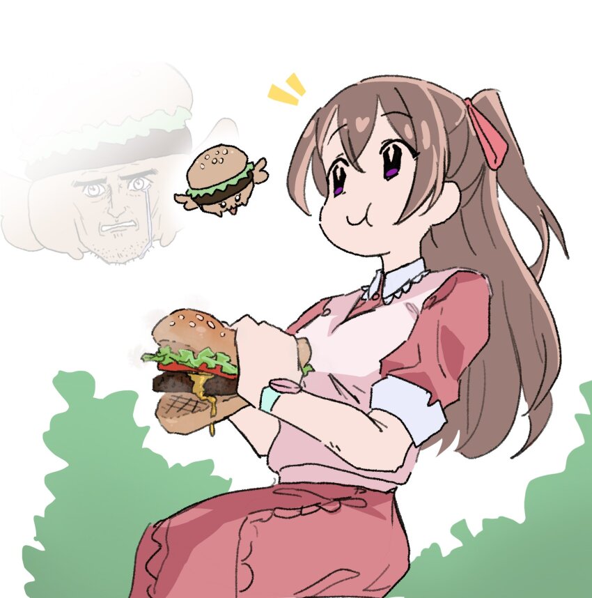 1girl bare_arms brown_hair burger closed_mouth collared_shirt delicious_party_precure eating fairy ffgghhjj food frilled_skirt frilled_sleeves frills grass hair_ornament hair_ribbon highres holding holding_food long_hair long_skirt long_sleeves nagomi_yui on_ground oversized_food oversized_object parted_bangs pink_skirt pink_vest precure recipipi ribbon shirt sitting skirt solo solo_focus twintails vest wristband