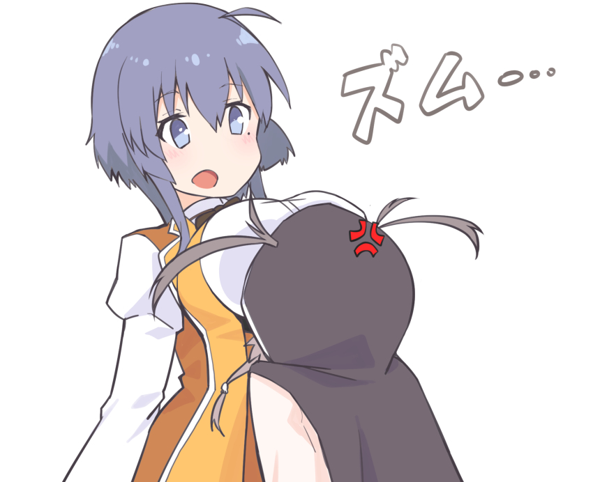 2girls :o ahoge anger_vein blue_eyes blue_hair blush breasts brown_hair brown_jacket commentary_request hair_between_eyes hair_through_hood head_on_chest highres hitoiki hood hood_up hooded_jacket jacket large_breasts long_hair long_sleeves looking_at_another mole mole_under_eye multiple_girls open_mouth orange_jacket osafune_girls_academy_school_uniform school_uniform setouchi_chie shichinosato_kofuki shirt sidelocks simple_background toji_no_miko translation_request white_background white_shirt winter_uniform