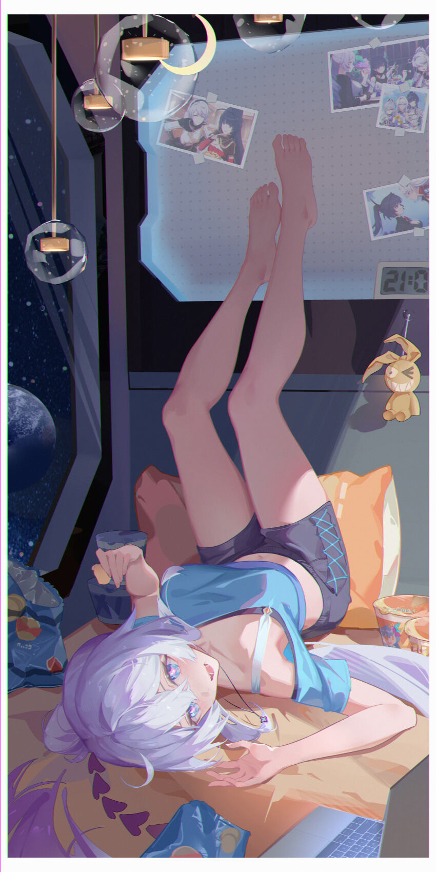 1girl :d absurdres ahoge analog_clock bare_legs barefoot birthday_cake black_hairband black_shorts blue_eyes blue_shirt breasts bronya_zaychik bronya_zaychik_(herrscher_of_truth) bronya_zaychik_(outstanding_attitude) bronya_zaychik_(silverwing:_n-ex) cake character_charm charm_(object) chinese_commentary chips_(food) chromatic_aberration cleavage clock comet-c commentary_request computer crop_top dress drill_hair drill_ponytail feet_against_wall food hair_ornament hairband hanging_light head_rest highres holding holding_food homu_(honkai_impact) honkai_(series) honkai_impact_3rd indoors kiana_kaslana kiana_kaslana_(herrscher_of_finality) kiana_kaslana_(herrscher_of_the_void) kiana_kaslana_(valkyrie_ranger) laptop large_breasts legs_up long_hair looking_at_object looking_at_viewer lying medium_breasts midriff navel noodles off-shoulder_shirt off_shoulder official_alternate_costume official_art_inset on_back open_mouth picture_frame pillow pink_pupils ponytail potato_chips purple_hair raiden_mei raiden_mei_(apho) raiden_mei_(danzai_spectramancer) raiden_mei_(herrscher_of_origin) raiden_mei_(orochi_cuirass) raiden_mei_(valkyrie_bladestrike) ramen red_shirt shirt shorts signature smile solo star-shaped_pupils star_(symbol) symbol-shaped_pupils tape toes very_long_hair white_dress white_hair white_shirt