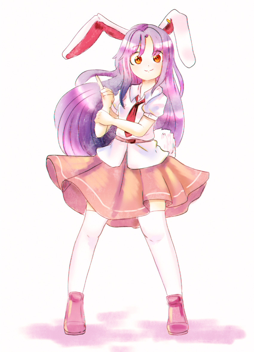 1girl absurdres animal_ears brown_skirt closed_mouth collared_shirt commission dungeon_toaster finger_gun full_body hand_on_own_arm highres light_smile long_hair looking_at_viewer necktie puffy_short_sleeves puffy_sleeves purple_hair rabbit_ears rabbit_girl rabbit_tail red_eyes red_necktie reisen_udongein_inaba shirt shoes short_sleeves simple_background skirt solo standing tail thighhighs touhou very_long_hair white_background white_shirt white_thighhighs