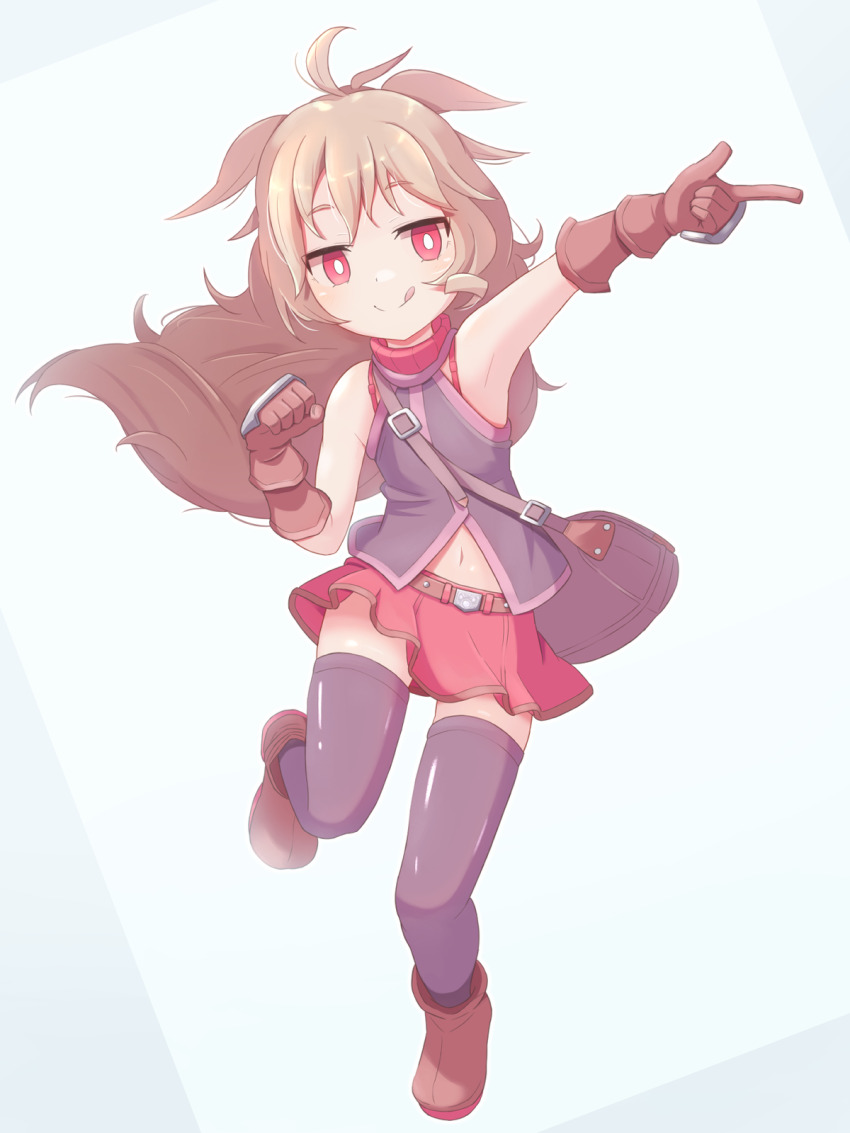 1girl ankle_boots arm_up bag bare_shoulders belt boots bright_pupils brown_belt brown_boots clenched_hand closed_mouth flat_chest floating_hair full_body hand_up handbag highres jazz_grace leg_up light_brown_hair long_hair looking_at_viewer miniskirt navel purple_bag purple_shirt purple_thighhighs rabi_alnea red_eyes red_skirt sequel_(series) sequel_blight shirt skirt sleeveless sleeveless_shirt smile solo split_mouth thighhighs tongue tongue_out white_pupils zettai_ryouiki