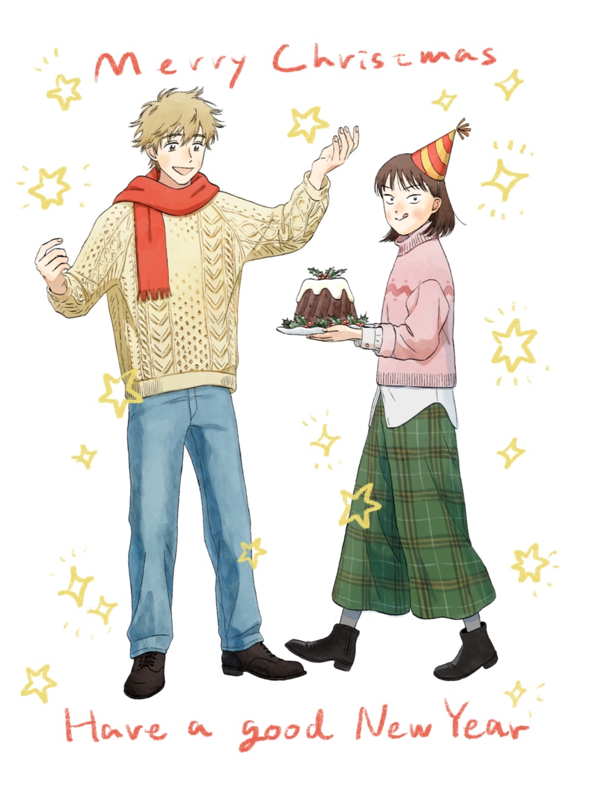 1boy 1girl :p absurdres ankle_boots aran_sweater baggy_pants black_eyes black_footwear blonde_hair boots brown_eyes brown_hair buttoned_cuffs buttons cable_knit cake christmas christmas_cake denim dot_nose dress_shirt dress_shoes emphasis_lines english_text facing_viewer fingernails food fringe_trim full_body green_pants grey_pantyhose grin hair_between_eyes hands_up happy hat height_difference highres holding holding_plate holly iwakura_mitsumi jeans licking_lips looking_at_viewer looking_down merry_christmas messy_hair official_art pants pantyhose party_hat pink_sweater plaid_clothes plaid_pants plate red_scarf scarf shima_sousuke shirt short_hair side-by-side simple_background skip_to_loafer smile sparkle sparkle_background standing star_(symbol) star_symbol_background sweater takamatsu_misaki text_focus tongue tongue_out tsurime turning_head turtleneck turtleneck_sweater walking white_background white_shirt wispy_bangs yellow_sweater