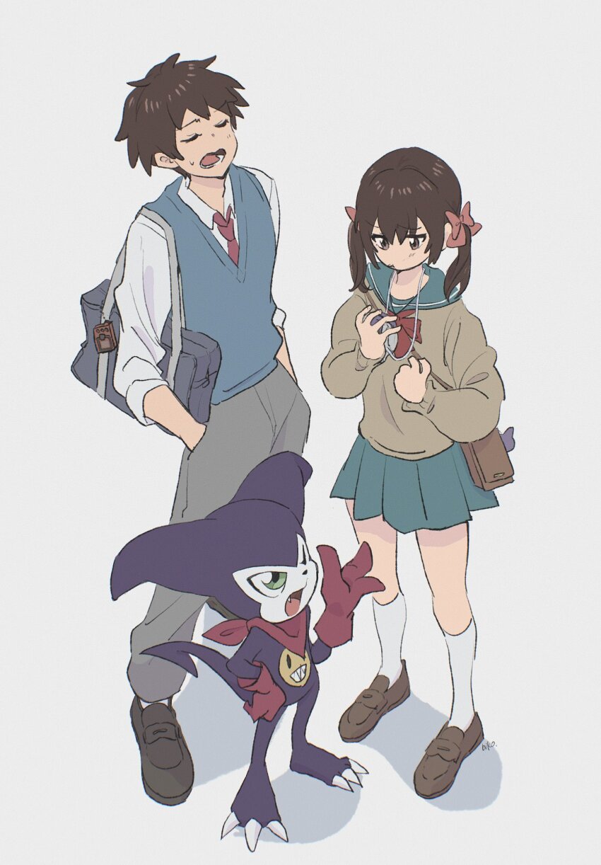1girl 2boys aged_up ai_(digimon_tamers) bandana bandana_around_neck blue_sky blue_sweater brother_and_sister brown_eyes brown_hair brown_shirt colored_skin digimon digimon_tamers gloves green_eyes grey_background grey_pants headphones highres low_twintails making-of_available makoto_(digimon_tamers) medium_hair miniskirt multiple_boys pants pleated_skirt purple_skin red_bandana red_gloves shinbiko shirt short_hair siblings simple_background skirt sky sweater twintails white_shirt