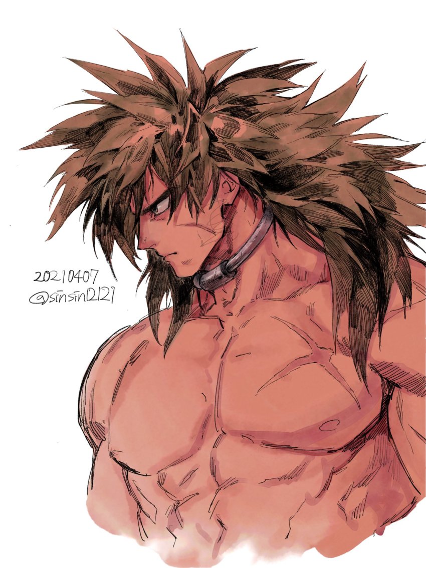 1boy black_hair broly_(dragon_ball_super) closed_mouth commentary cropped_torso dated dragon_ball dragon_ball_super dragon_ball_super_broly facial_scar highres large_pectorals long_hair male_focus muscular muscular_male pectorals scar scar_on_cheek scar_on_chest scar_on_face shin_(sinsin12121) topless_male simple_background solo spiked_hair twitter_username upper_body white_background