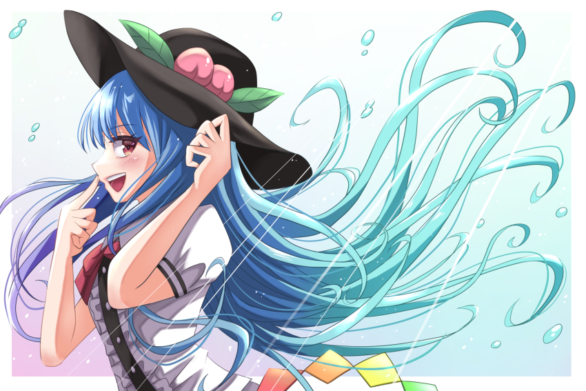1girl :d blue_hair blush finger_to_own_nose floating_hair food fruit happy_ginko hat highres hinanawi_tenshi leaf long_hair looking_at_viewer open_mouth peach profile puffy_short_sleeves puffy_sleeves red_eyes short_sleeves sideways_glance simple_background smile solo touhou upper_body very_long_hair white_background