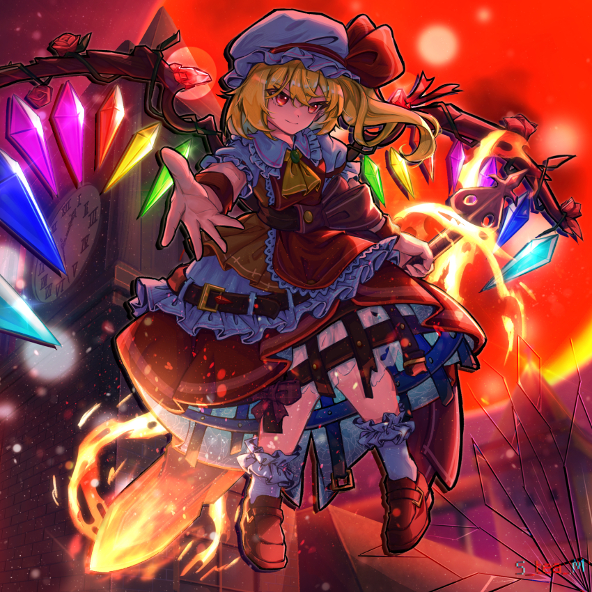 1girl alternate_costume ascot blonde_hair bow crystal crystal_wings fire flaming_sword flaming_weapon flandre_scarlet frilled_shirt_collar frilled_skirt frills full_body hat hat_ribbon highres holding laevatein_(touhou) looking_at_viewer mary_janes mob_cap one_side_up puffy_short_sleeves puffy_sleeves reaching reaching_towards_viewer red_eyes red_skirt ribbon s-tea-m shoes short_hair short_sleeves side_ponytail skirt smile solo touhou wings wrist_cuffs yellow_ascot