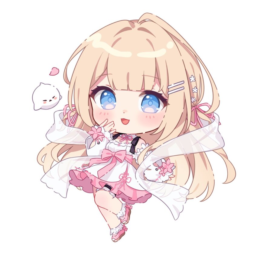1girl :d blue_eyes blush bow brown_hair chibi commentary detached_sleeves dress english_commentary flower full_body ghost hair_flower hair_intakes hair_ornament hair_ribbon hairclip hand_up highres hitsukuya indie_virtual_youtuber long_hair long_sleeves looking_at_viewer open_mouth petals pink_bow pink_ribbon pink_shoes puffy_long_sleeves puffy_sleeves ribbon shoes simple_background sleeves_past_wrists smile socks solo very_long_hair virtual_youtuber white_background white_dress white_flower white_sleeves white_socks yukinoshita_peo