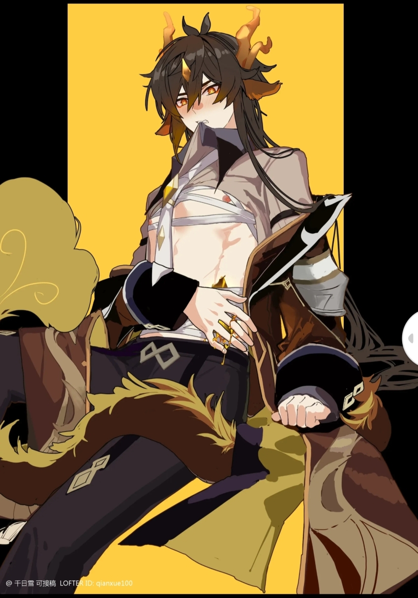 1boy dragon_horns dragon_tail genshin_impact highres horns lofter lofter_logo lofter_username nipples qianxue100 qilin_(mythology) solo solo_focus tail yellow_background zhongli_(genshin_impact)