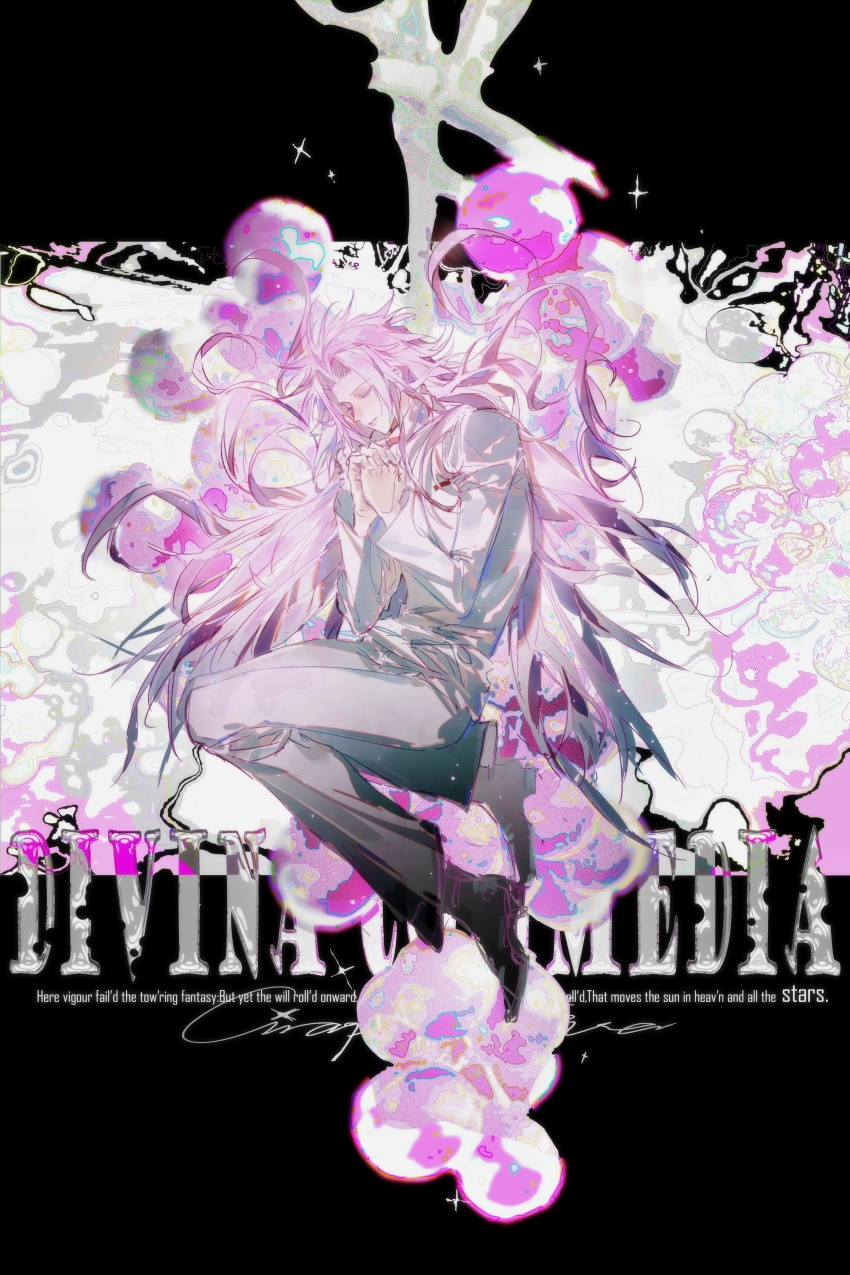 1boy absurdres closed_eyes colored_eyelashes commentary curtained_hair english_text eyelashes food fruit full_body grapes grey_shoes hatsutori_hajime highres light_particles long_hair male_focus own_hands_clasped own_hands_together pants parted_bangs pink_hair saibou_shinkyoku shirt shoes solo source_quote symbol-only_commentary the_divine_comedy very_long_hair white_pants white_shirt yuziwen025