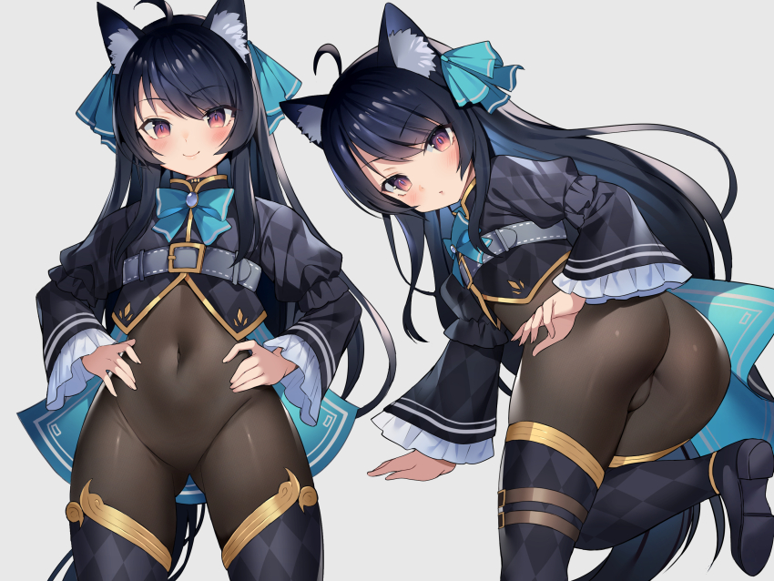 1girl ahoge animal_ear_fluff animal_ears argyle_clothes argyle_thighhighs ass black_hair black_shrug blush bodystocking bodysuit breasts brown_bodysuit cat_ears cat_girl chest_belt closed_mouth commentary_request commission covered_navel gold_trim hair_ribbon hands_on_own_hips hifumi_chiyoko highres long_hair long_sleeves looking_at_viewer looking_back multiple_views parted_lips red_eyes ribbon shrug_(clothing) simple_background skeb_commission small_breasts smile standing svartlilja_(vrchat) vrchat