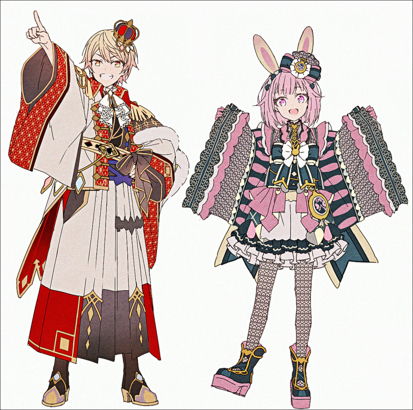 1boy 1girl :d adapted_costume animal_ears arm_up black_boots black_kimono blonde_hair boots brown_boots crown gloves grey_background grey_jacket grey_kimono grin hair_between_eyes hakusai_(tiahszld) jacket japanese_clothes kimono long_sleeves mini_crown ootori_emu open_clothes open_jacket open_mouth outstretched_arm pantyhose pinching_sleeves pink_gloves pink_hair pink_kimono pointy_ears project_sekai purple_eyes rabbit_ears red_eyes revision simple_background sleeves_past_wrists smile standing standing_on_one_leg tenma_tsukasa tilted_headwear v-shaped_eyebrows wide_sleeves wonder_magical_showtime!_(project_sekai)