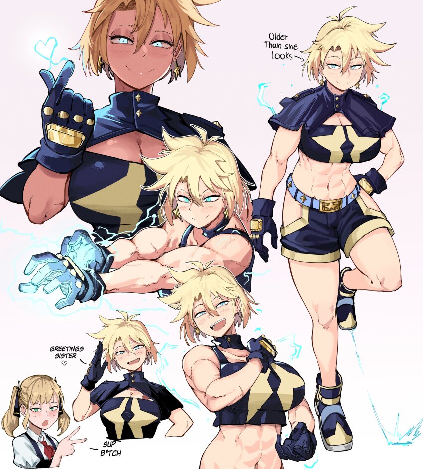 2girls abs absurdres antares_topaz belt blonde_hair blue_eyes breasts earrings electricity electrokinesis fingerless_gloves gloves heart highres jewelry large_breasts multiple_girls original school_uniform short_hair short_twintails shorts siblings sisters smile star_(symbol) star_earrings tank_top toned topaz_(antares_topaz) twintails white_background