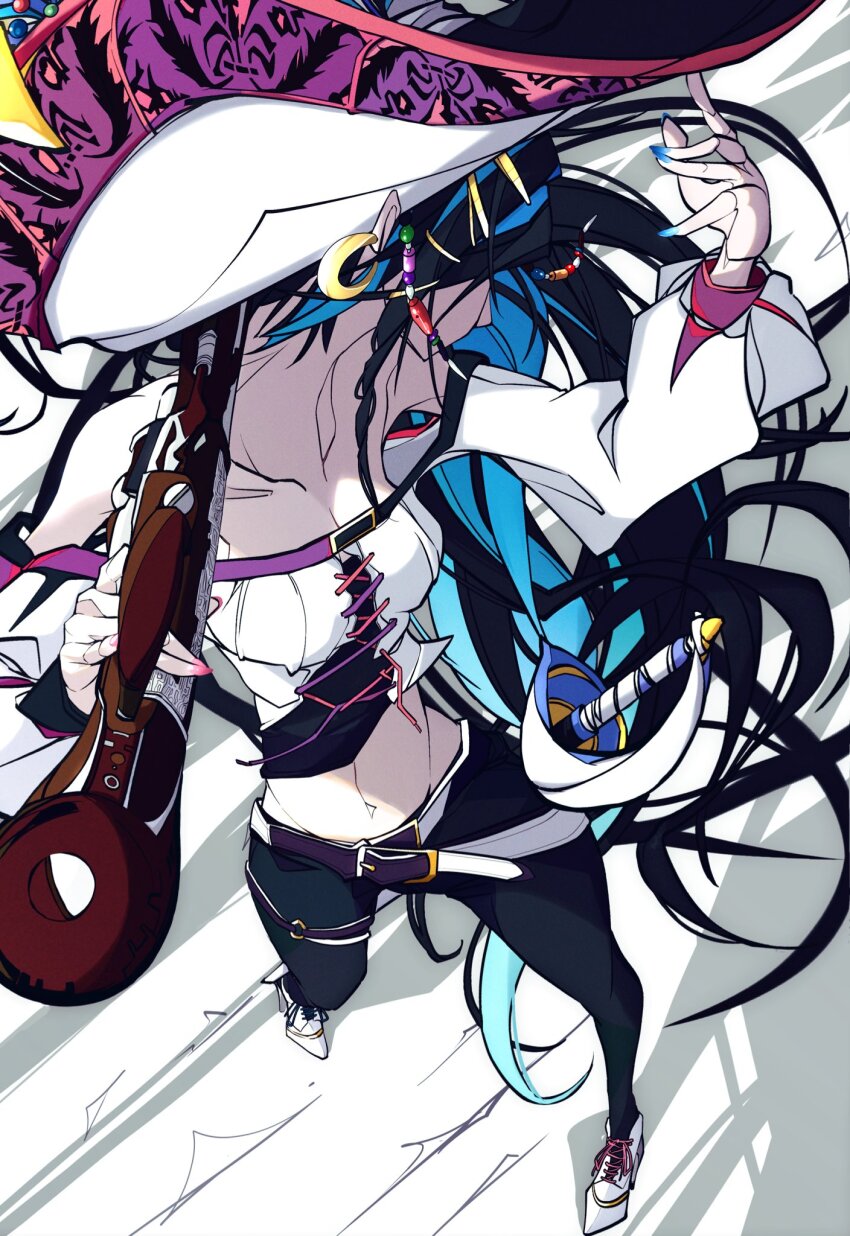 1girl accessories bare_shoulders belt black_hair black_pants blue_hair blue_nails breasts cleavage collarbone cowboy_hat cowgirl_(western) earrings fingernails from_above full_body gun hair_ornament hat high_heels highres holding holding_gun holding_weapon jewelry long_hair looking_at_another masadaora multicolored_hair multicolored_nails nail_polish navel original pants red_nails rifle shadow sheath sheathed shirt sleeveless solo standing strapless strapless_shirt sword tight_clothes tight_pants two-tone_hair weapon white_shirt